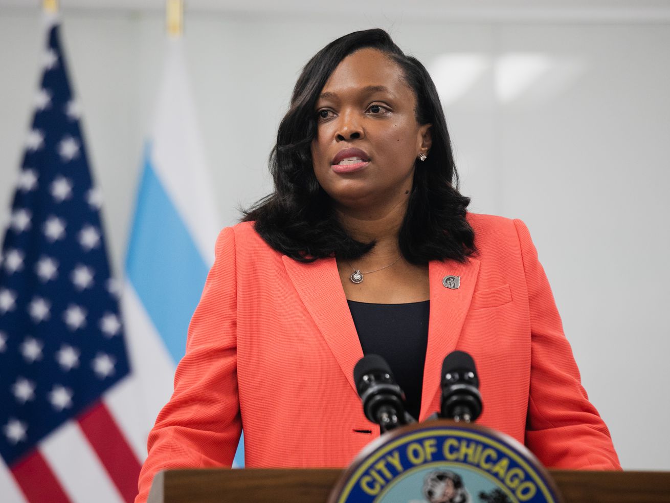 Chicago Public Schools CEO Dr. Janice Jackson speaks during a press conference at the Chicago Public Schools Headquarters last July.