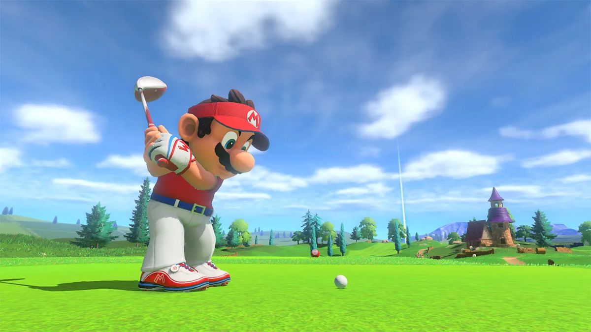 Mario takes a huge swing on Mario Golf. He’s wearing a crisp polo shirt, a red visor, and some white pants because he’s fearless of other people’s opinions.