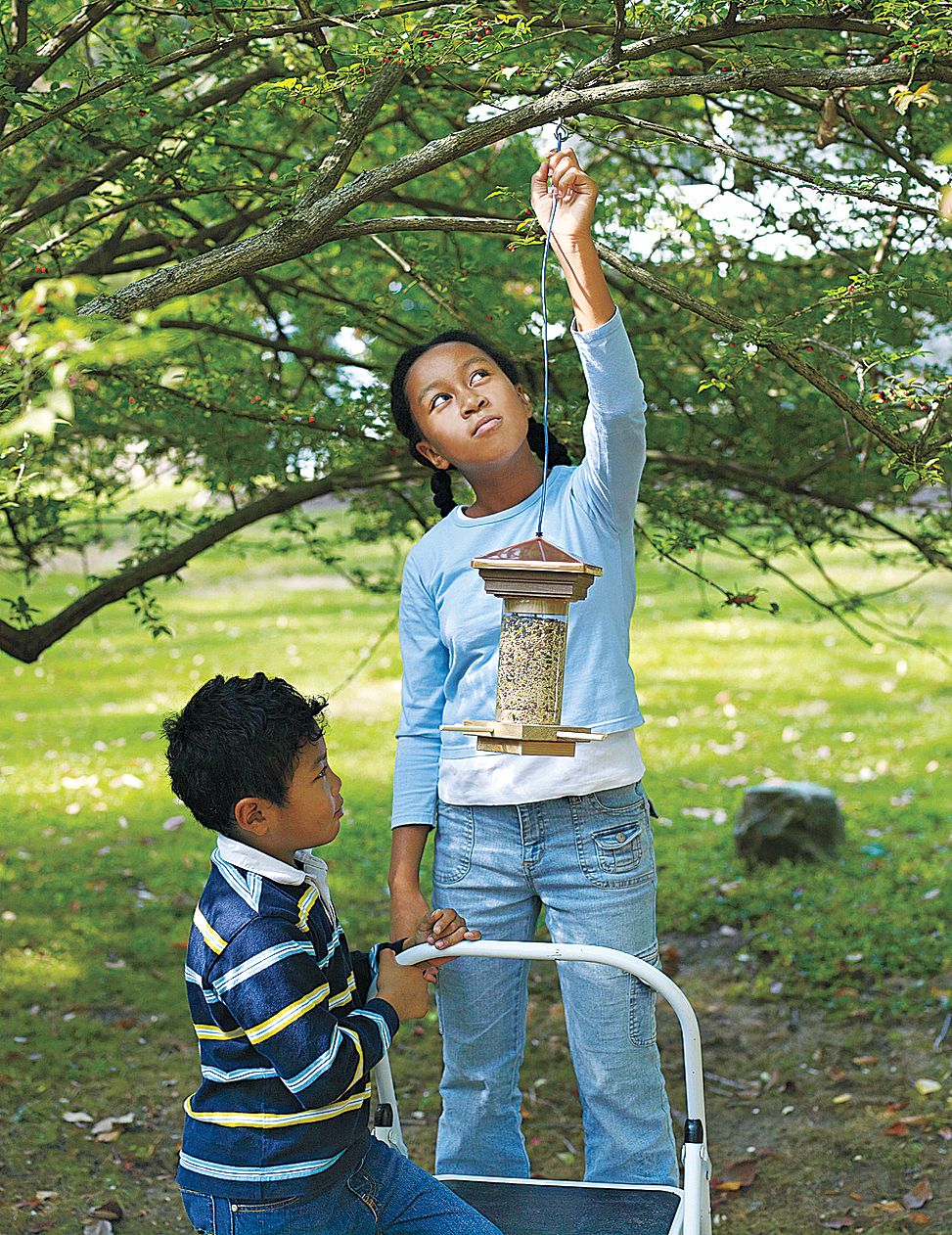 Child hanging a homemade bird feeder on a tree.