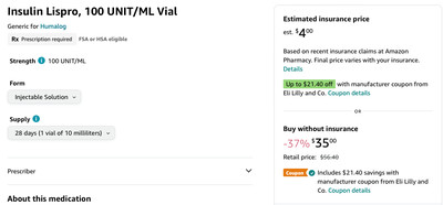 A screenshot showing what it looks like when you search for medication on Amazon Pharmacy and it finds coupons. On the right side, an estimated price with insurance is shown, and a price without insurance is shown. Both include a note about the coupon savings and who provides it.