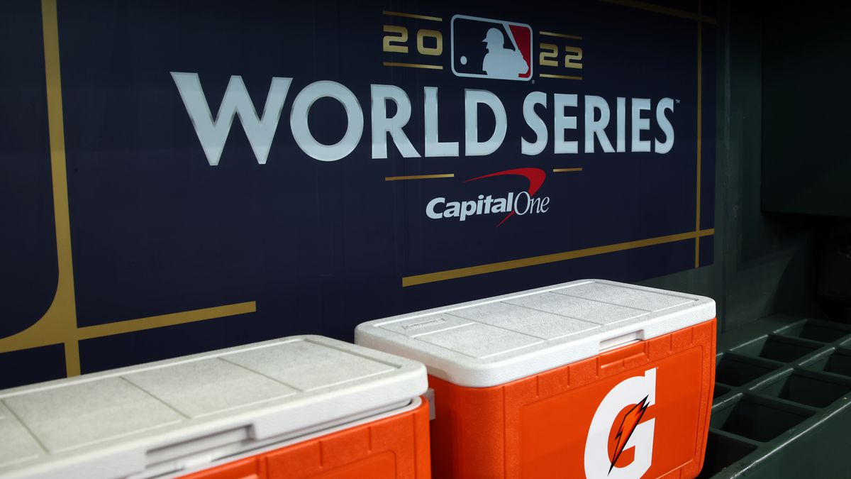 A detail shot of the World Series logo in the back of the dugout before Game 1 of the 2022 World Series between the Philadelphia Phillies and the Houston Astros at Minute Maid Park on Friday, October 28, 2022 in Houston, Texas.