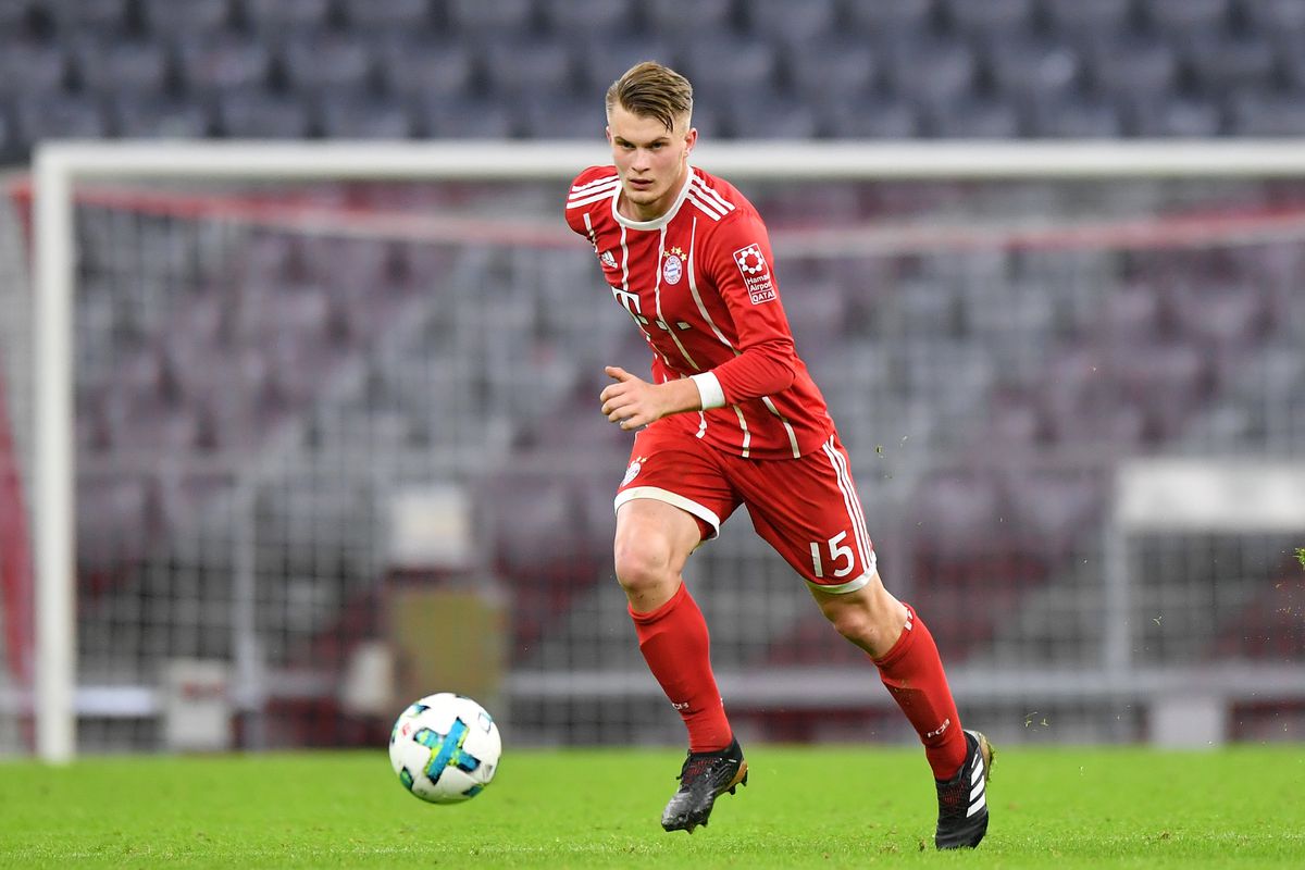MUNICH, GERMANY - JANUARY 09: Lars Lukas Mai of Bayern Muenchen plays the ball during the friendly match between Bayern Muenchen and SG Sonnenhof Grossaspach at Allianz Arena on January 9, 2018 in Munich, Germany.
