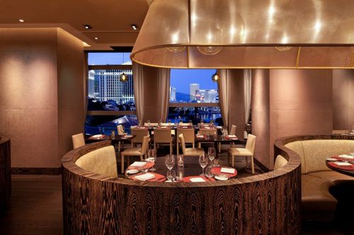 Restaurant interior with view of Las Vegas Strip