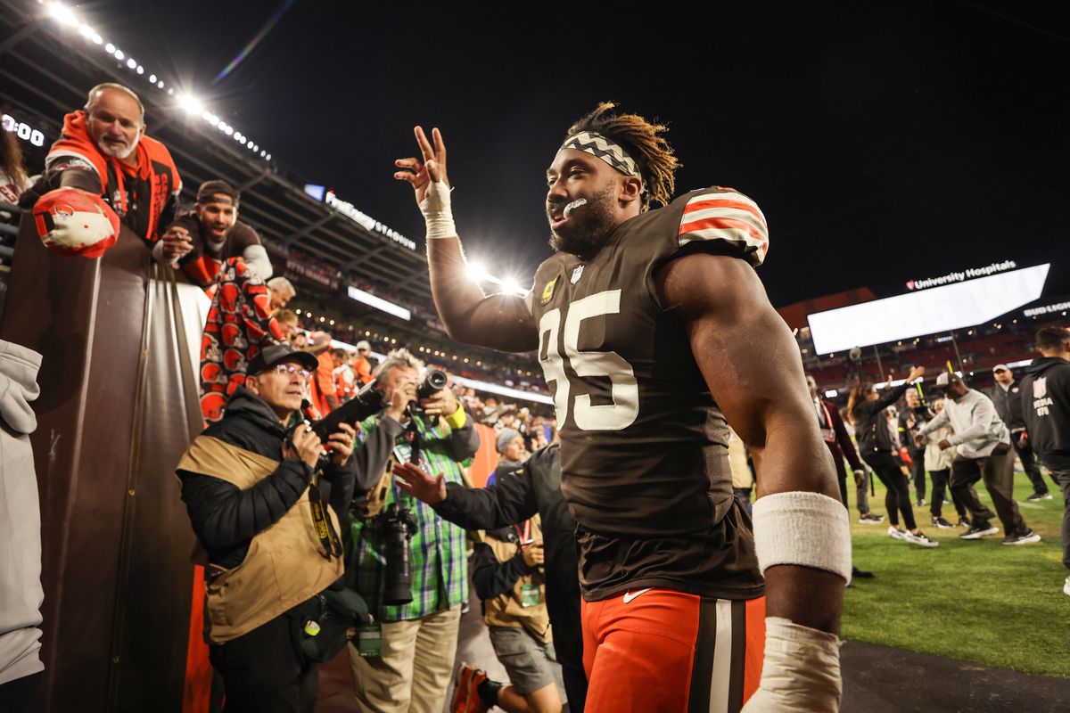 Myles Garrett #95 of the Cleveland Browns exits the field after defeating the Pittsburgh Steelers 29-17 at FirstEnergy Stadium on September 22, 2022 in Cleveland, Ohio.