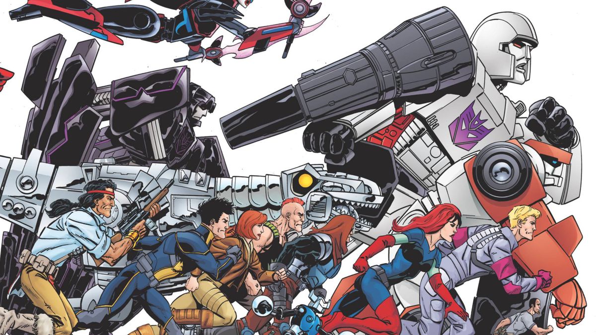 Detail from an alternate cover for the Transformers/GI Joe crossover comic Revolution from IDW, with Megatron charging forward, surrounded by other characters from the G.I. Joe and Transformers franchises