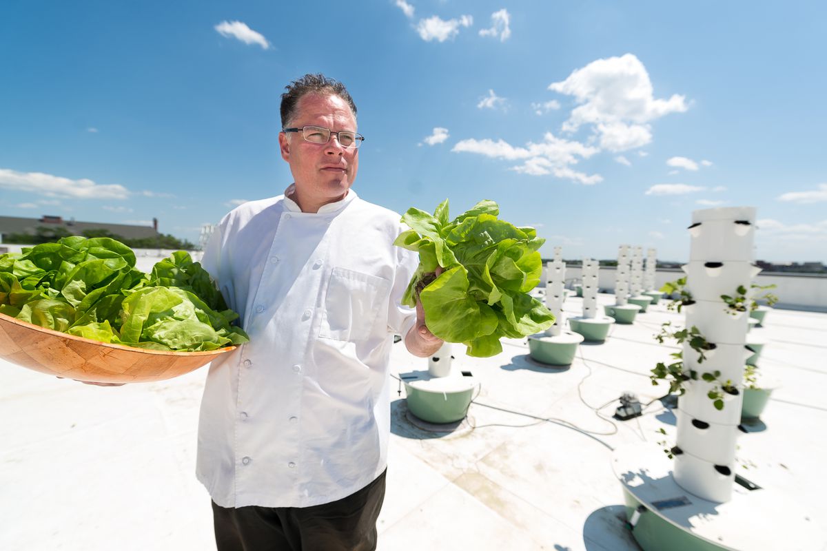 Chef John Mooney on the rooftop garden at Bidwell