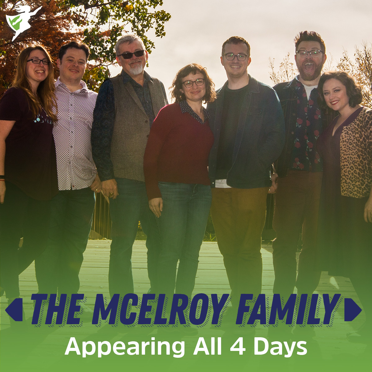 A photo of the McElroy family, left to right Sydnee, Justin, Clint, Rachel, Griffin, Travis, and Teresa. At the bottom of the photo text reads “THE MCELROY FAMILY Appearing All 4 Days”. The ECCC logo is in the top left corner.