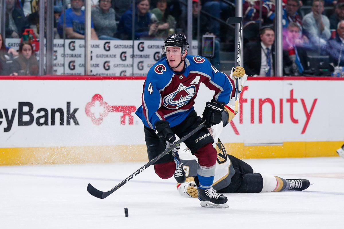 Mar 27, 2019; Denver, CO, USA; Colorado Avalanche defenseman Tyson Barrie (4) controls the puck in the second period against the Vegas Golden Knights at the Pepsi Center. Mandatory Credit: Isaiah J. Downing