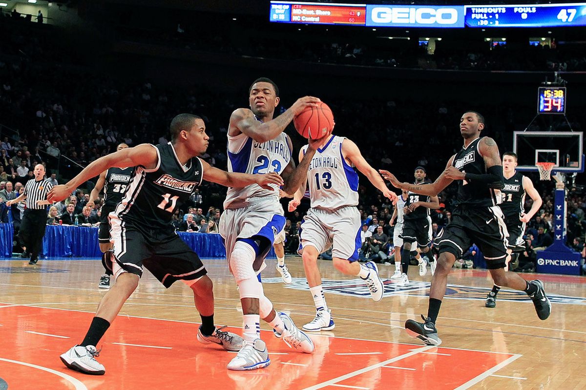 Seton Hall's Fuquan Edwin #23 drives against Providence's Bryce Cotton #11 during their first round game of the 2012 Big East basketball tournament (Chris Trotman/Getty Images).