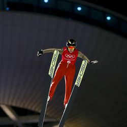Abby Ringquist, of the United States, soars through the air during training for the women's normal hill individual ski jumping competition at the 2018 Winter Olympics in Pyeongchang, South Korea, Sunday, Feb. 11, 2018.