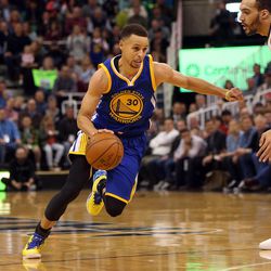 Golden State Warriors guard Stephen Curry (30) drives towards the rim in the second half of an NBA regular season game against the Utah Jazz at the Vivint Arena in Salt Lake City, Wednesday, March 30, 2016.