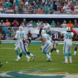 Dec. 15, 2013 Miami Gardens, FL - Miami Dolphins quarterback Ryan Tannehill (17) completes a pass to wide receiver Mike Wallace (11) in the second half of the team's game against the New England Patriots.