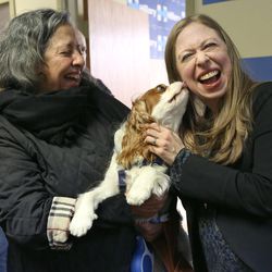 Chelsea Clinton gets a kiss from Tashi while chatting with Renu Reed at the Hillary for Utah Campaign Headquarters in Salt Lake City Tuesday, March 15, 2016.