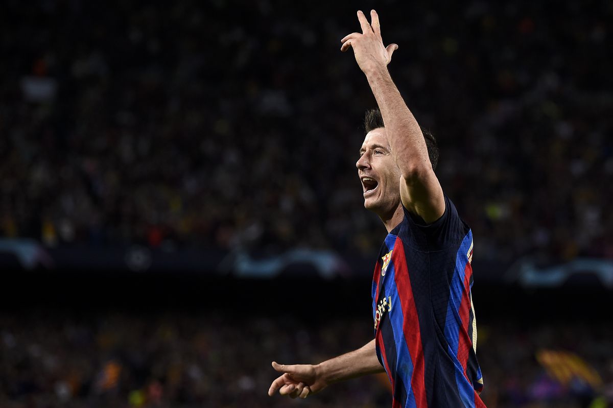 Robert Lewandowski of FC Barcelona celebrates during the...