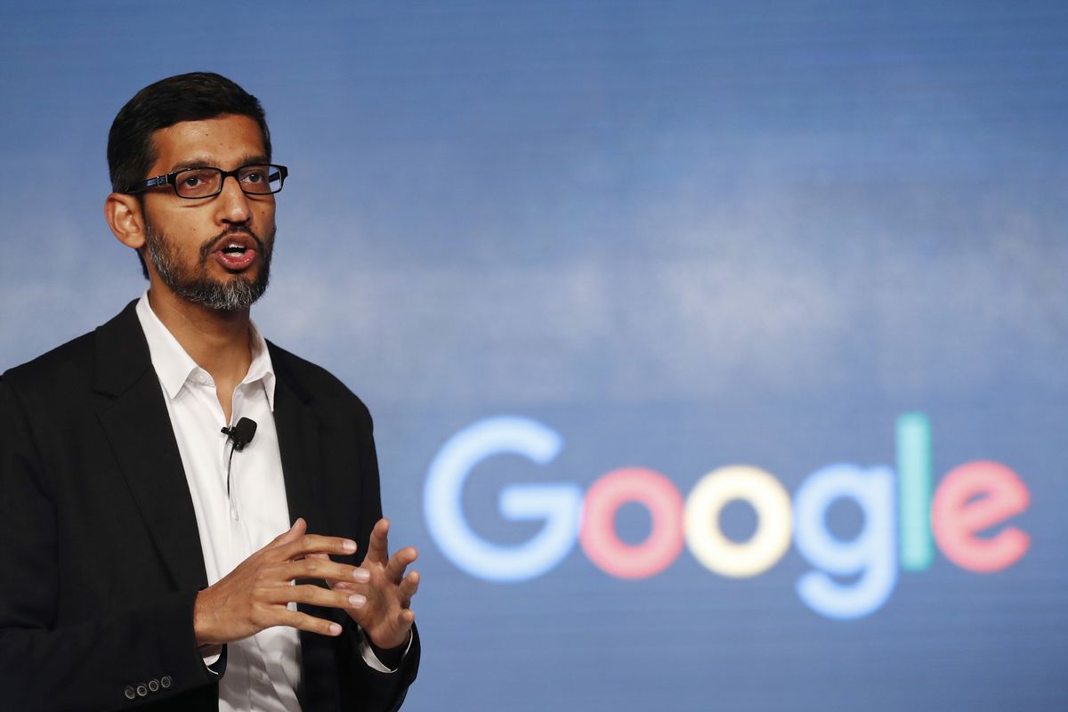 Google CEO Sundar Pichai speaks during a news conference.