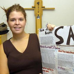 In this May 30, 2013, photo, Kayla Mueller is shown after speaking to a group in Prescott, Ariz. Even while being held hostage by Islamic State extremists, Kayla Mueller tried to find the good in everything, her family and friends say.