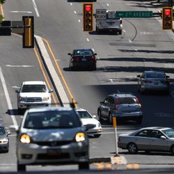Cars turn left onto North Temple from State Street in Salt Lake City on Monday, June 25, 2018. According to federal data, 53 percent of crossing-path crashes involve left turns (compared to only 5.7 percent involving right turns) and 36 percent of fatal crashes involving a motorcycle results from a vehicle making a left turn in front of the motorcycle. Additional data show left turns can be three times as fatal to pedestrians and bicyclists as right turns.