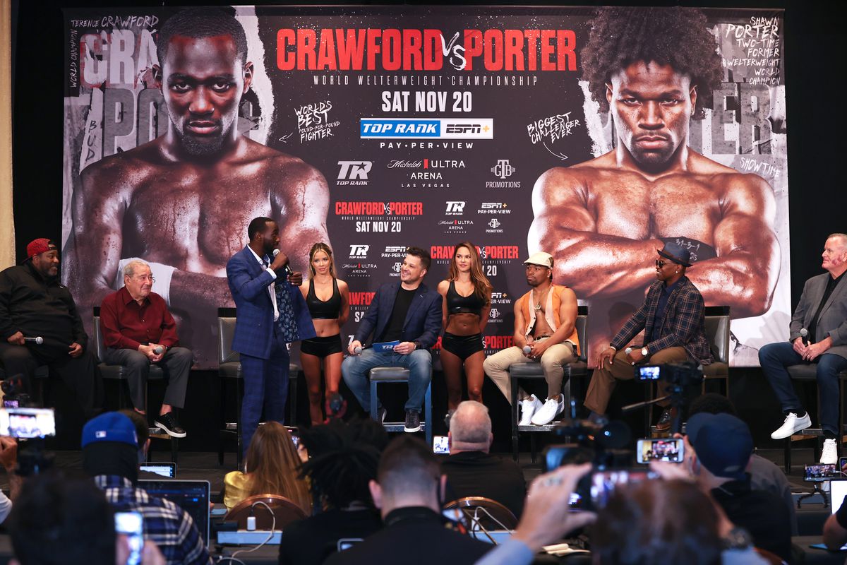 WBO welterweight champion Terence Crawford (L) speaks during the press conference at MGM Grand Casino on October 09, 2021 in Las Vegas, Nevada.