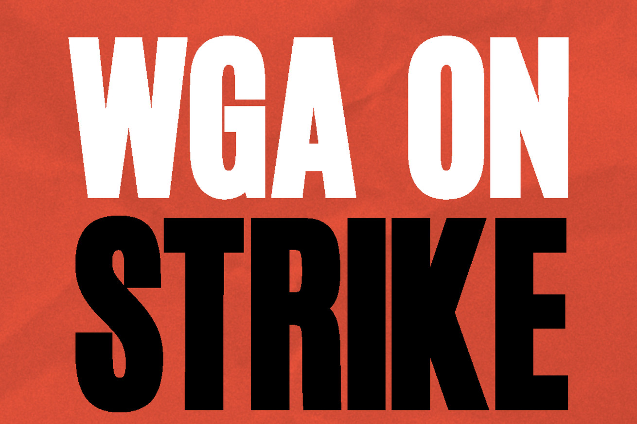 White and black text reading “WGA ON STRIKE” on a red background.