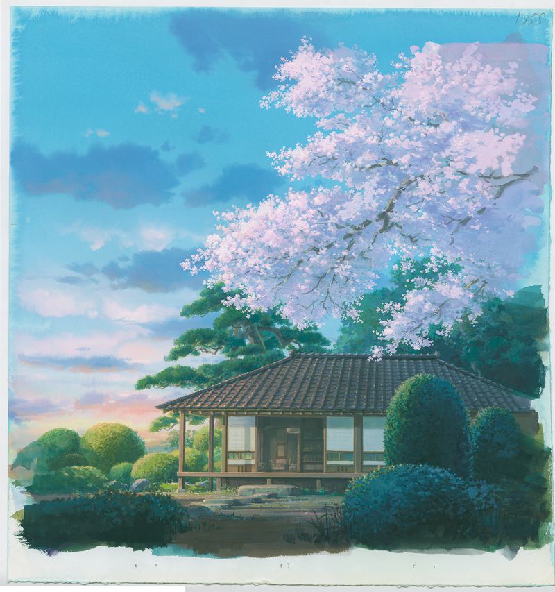 A painted background from The Wind Rises showing a home and a beautiful blooming tree above