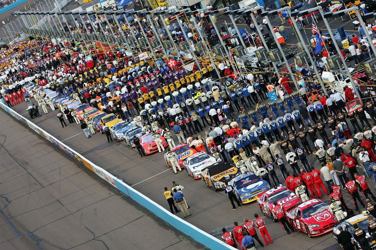 General View of pit lane during the national anthem during the NASCAR Nextel Cup Series Subway Fresh 500 at the Phoenix International Raceway on April 23, 2005 in Phoenix, Arizona.