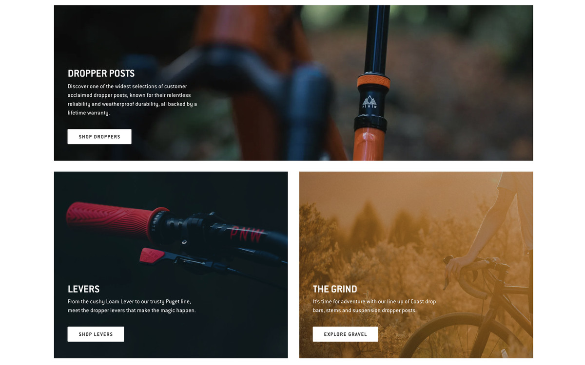 Part of the website shows the categories of gear they offer, including dropper posts, levers, and parts of gravel bikes.