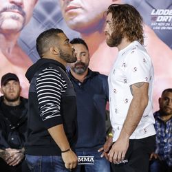 Deron Winn and Tom Lawlor face off at the final Liddell vs. Ortiz 3 press conference in Inglewood, Calif.