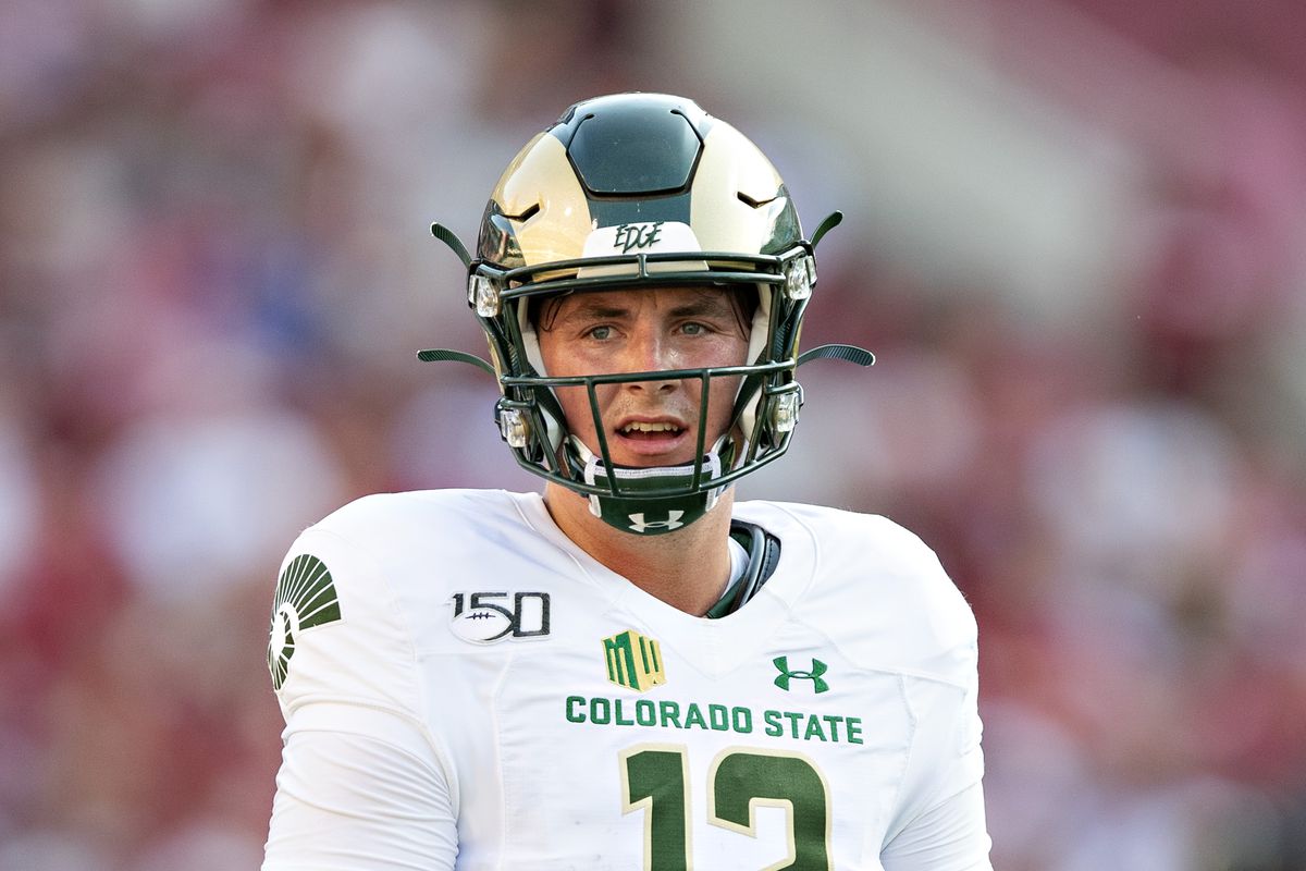 Patrick O’Brien of the Colorado State Rams looks to the sidelines during a game against the Arkansas Razorbacks at Razorback Stadium on September 14, 2019 in Fayetteville, Arkansas. The Razorbacks defeated the Rams 55-34.