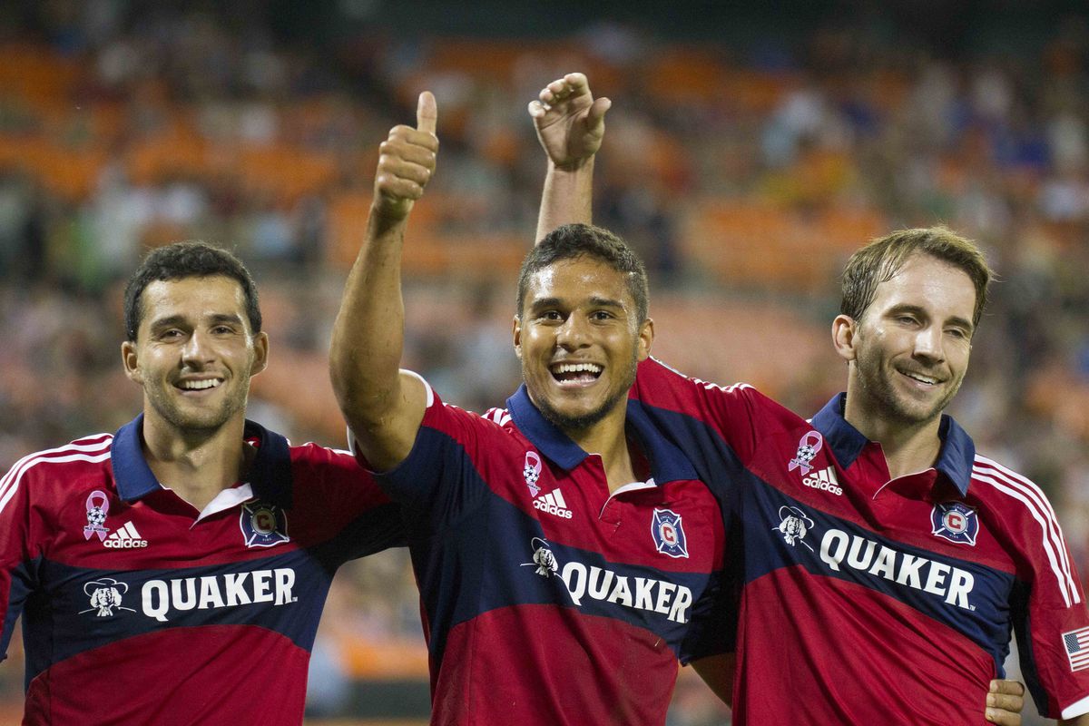 Second-half subs Dilly Duka (L) and Quincy Amarikwa (C) celebrate Amarikwa's 89th-minute goal Friday night in Washington DC. An exhausted Mike Magee is happy but really, really wants to just get a freakin' nap, already.