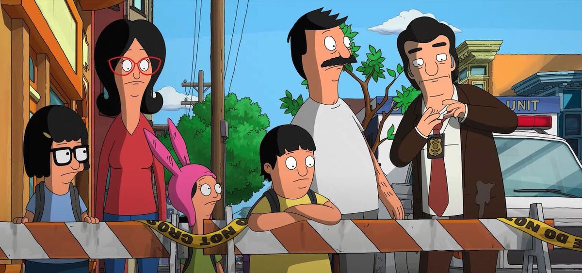 Tina, Linda, Louise, Gene, and Bob Belcher talk to Sergeant Bosco behind a police barrier in The Bob’s Burgers Movie.