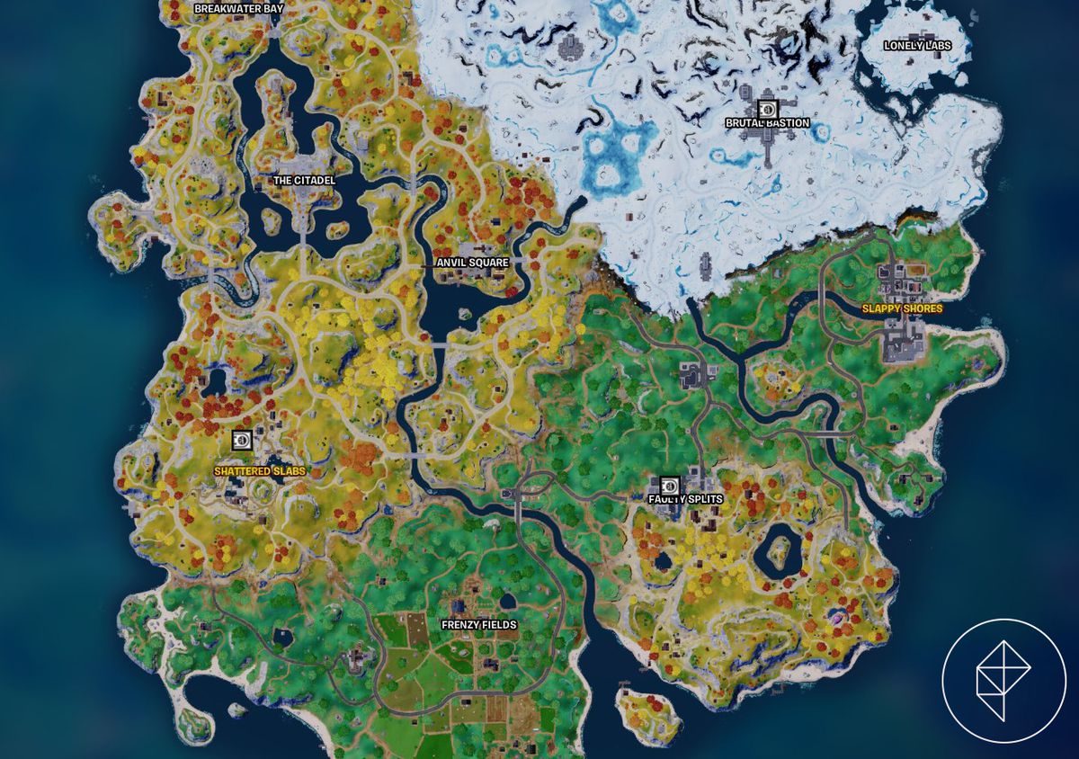 A map of the Fortnite Island with small vault icons over three areas