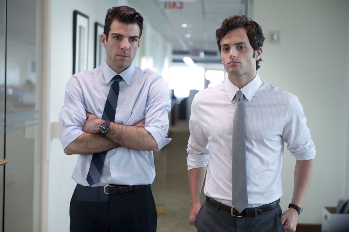 A still of Zachary Quinto and Seth Bregman wearing shirts and ties in Margin Call.