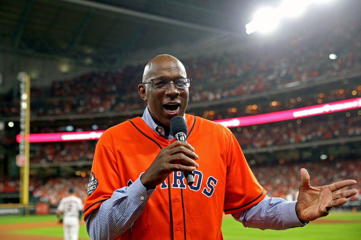 Basketball Hall of Famer Clyde Drexler yells Play Ball prior to Game 6 of the 2019 World Series between the Washington Nationals and the Houston Astros at Minute Maid Park on Tuesday, October 29, 2019 in Houston, Texas.