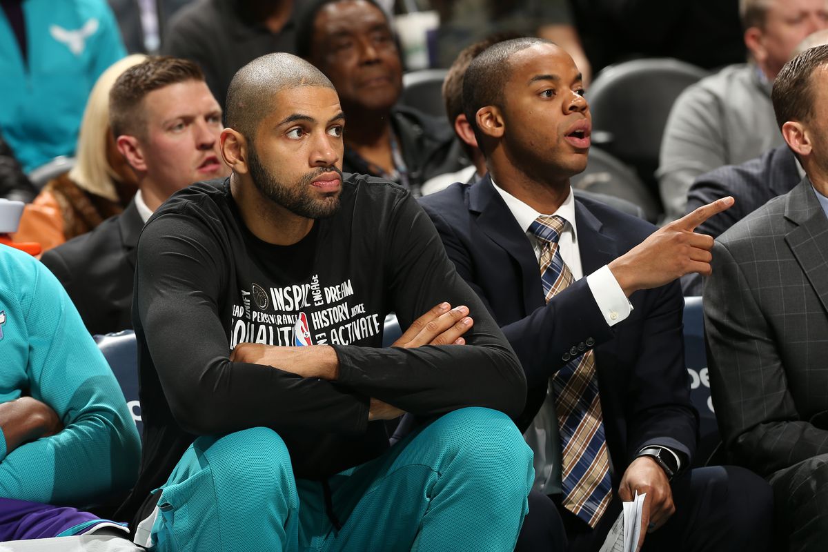 Nicolas Batum of the Charlotte Hornets looks on during the game against the Brooklyn Nets on February 22, 2020 at Spectrum Center in Charlotte, North Carolina.