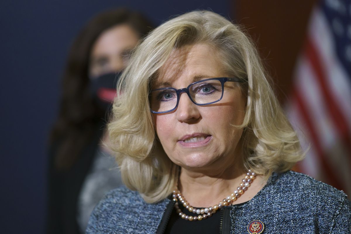 U.S. Rep. Liz Cheney, R-Wyo., is shown in April 2021 speaking with reporters on Capitol Hill.