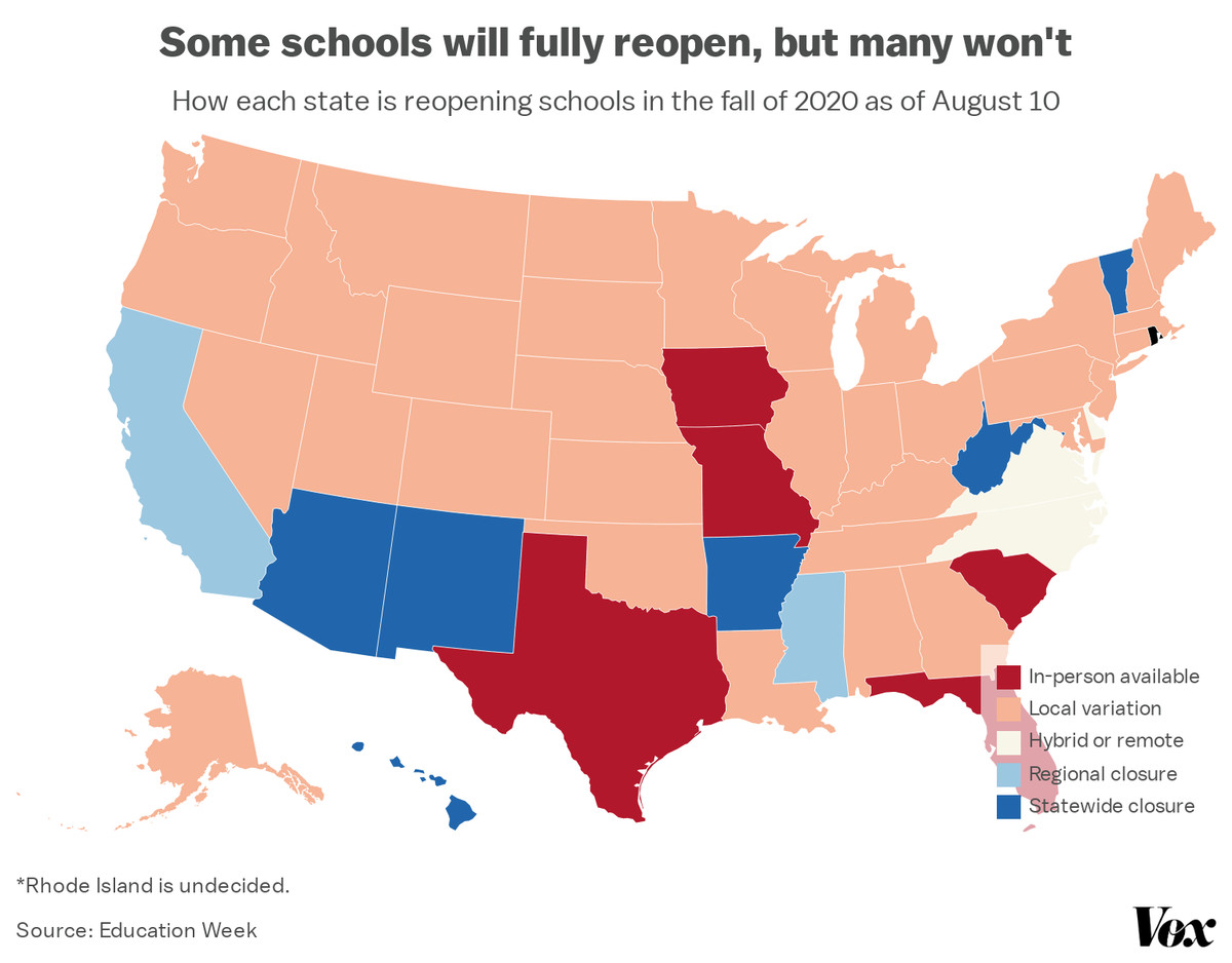 A map of whether schools are reopening for in-person teaching, broken down state-by-state.