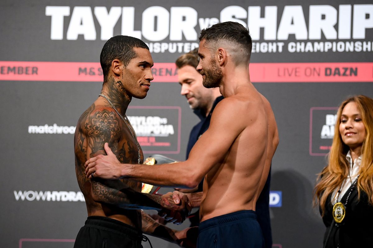 Conor Benn, left, and Chris Algieri during weigh ins ahead of their WBA Continental Welterweight title bout at The Black-E in Liverpool, England.