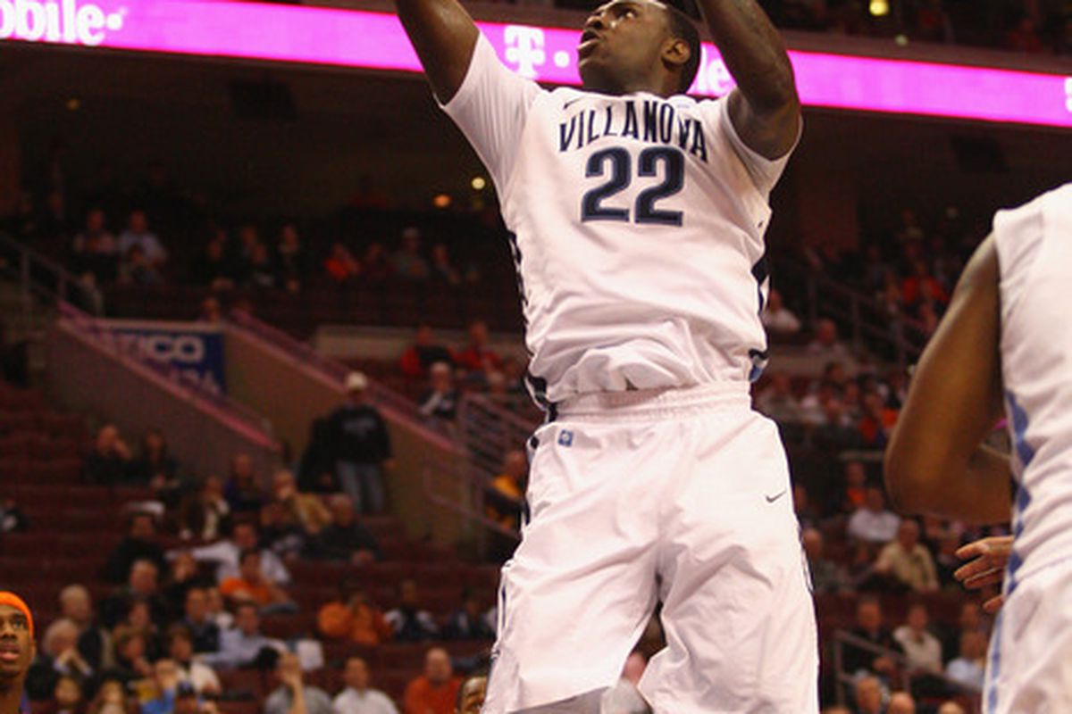 PHILADELPHIA, PA - JANUARY 11:  JayVaughn Pinkston #22 of the Villanova Wildcats attempts a shot against the Syracuse Orange at the Wells Fargo Center on January 11, 2012 in Philadelphia, Pennsylvania.  (Photo by Chris Chambers/Getty Images)