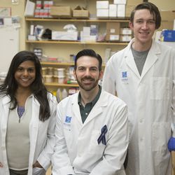 Hematology fellow Dr. Ami Patel, of Salt Lake City, lab manager Tony Pomicter, of Salt Lake City, and undergraduate researcher Brayden Halverson, of Draper, pose for photos in a lab at the Huntsman Cancer Institute in Salt Lake City on Monday, March 19, 2018. The group conducts research as part of an extensive clinical study aimed at better determining which new treatments work best for myeloid leukemia patients on a case by case basis.