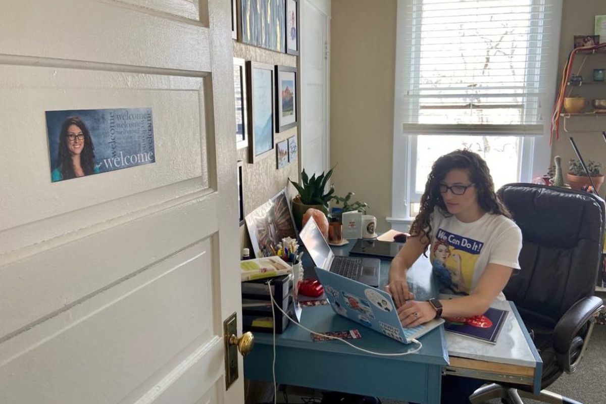 Denver teacher Melea Mayen converted her spare bedroom into a home office. She put her  school welcome photo on the door as a joke for her students.
