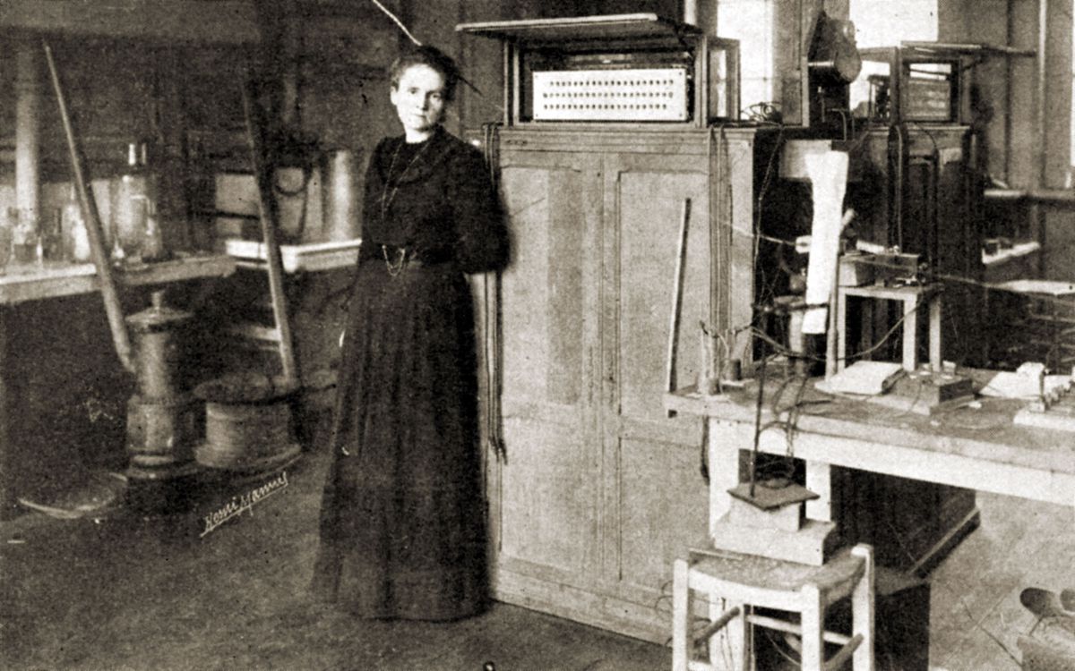 Marie Curie - portrait of the French scientist, pioneer in the fields of radiation, radioactivity and radiology, working in her laboratory in Sorbonne, Paris 1898.