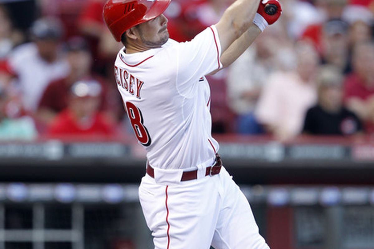 CINCINNATI, OH - JULY 15: Chris Heisey #28 of the Cincinnati Reds bats in the third inning against the St. Louis Cardinals at Great American Ball Park on July 15, 2011 in Cincinnati, Ohio. (Photo by Joe Robbins/Getty Images)