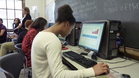 South High School junior Anesia Broomfield, 16, checks out the newly released College Measures interactive database during a news event Wednesday at South High.
