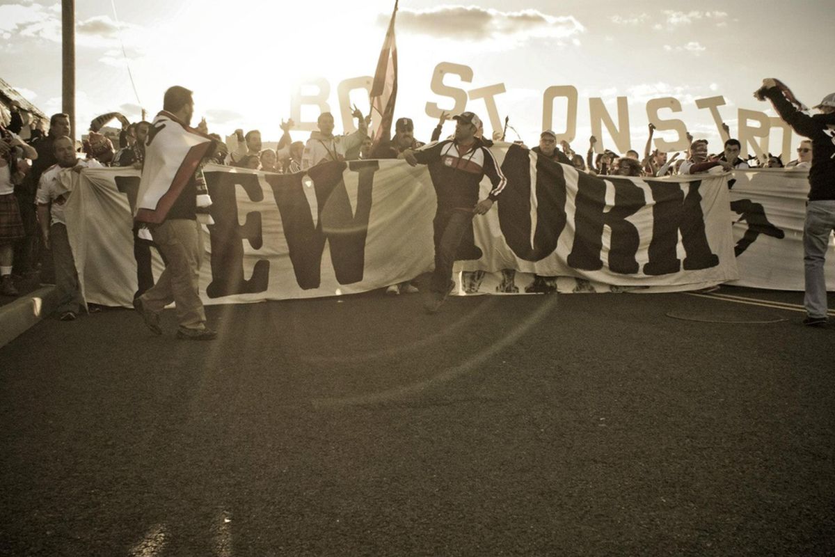 HARRISON NJ:  Revolution and Red Bull supporters unite before Saturday's match.