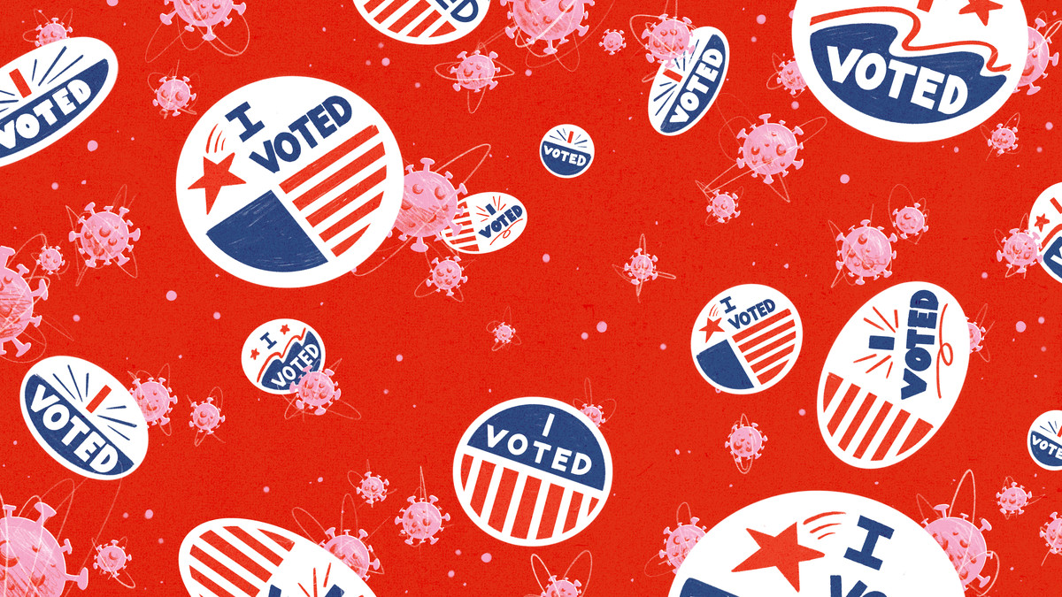 A collage of floating stickers that read “I voted” and Covid-19 particles.