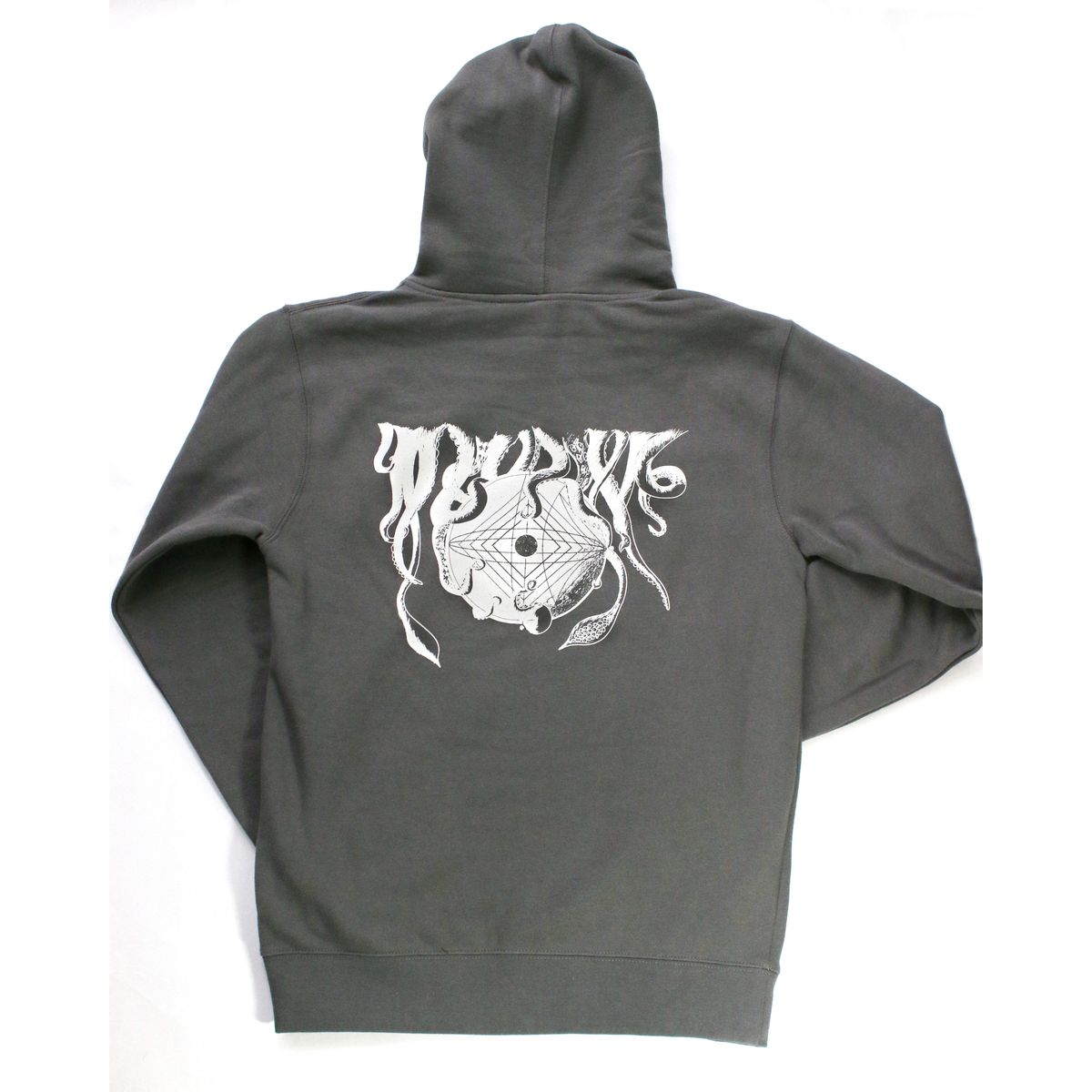 Back of a gray hoodie featuring a white abstract design