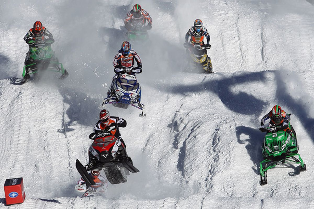 ASPEN CO - JANUARY 29:  Competitors practice for the Snowmobile SnoCross during Winter X Games 15 at Buttermilk Mountain on January 29 2011 in Aspen Colorado.  (Photo by Doug Pensinger/Getty Images)