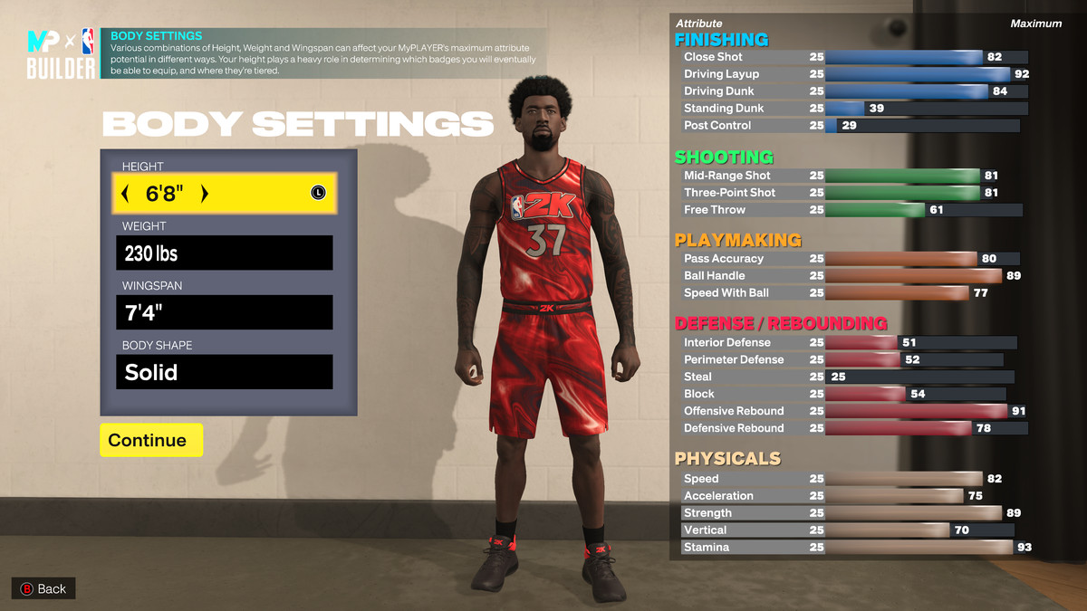 Build screen for a point guard in NBA 2K23, showing his physical characteristics and in-game attribute maximums.