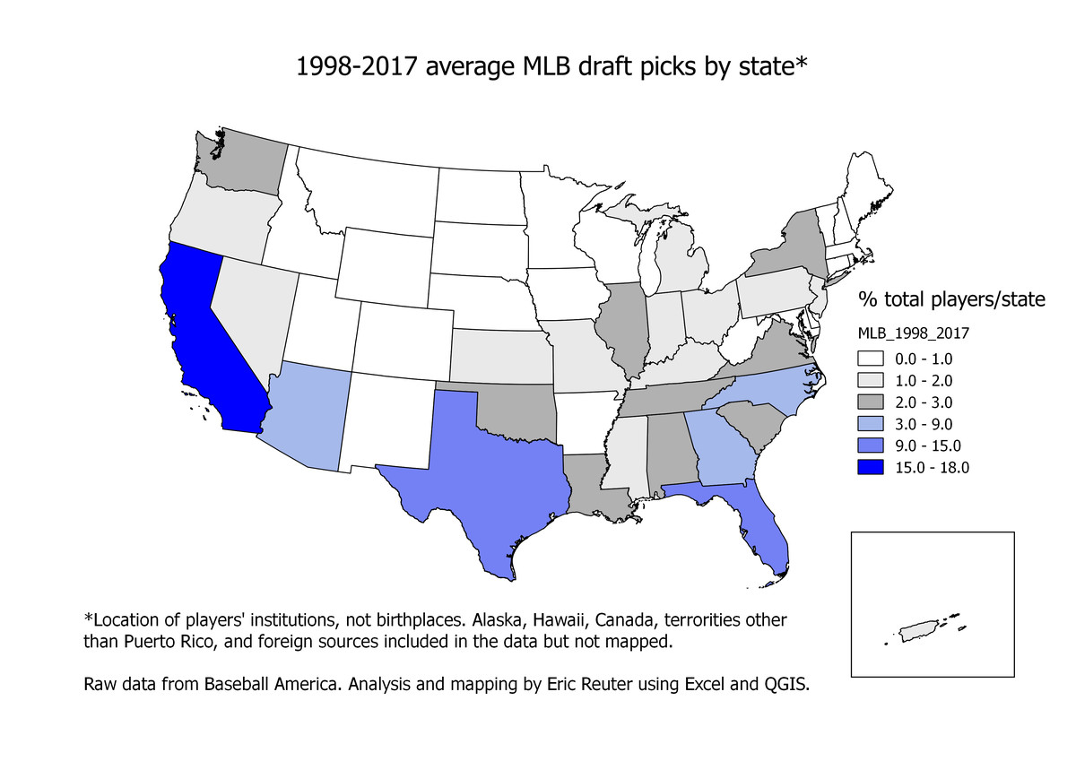 1998-2017 average MLB draft picks by state