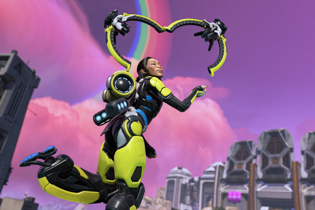 Apex Legends newcomer Conduit poses, smiling with her dual drones forming a heart shape